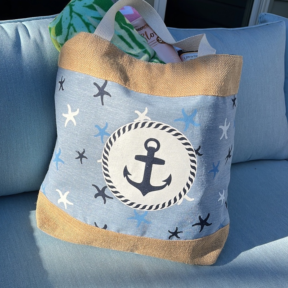 Anchors away starfish beach pool tote bag